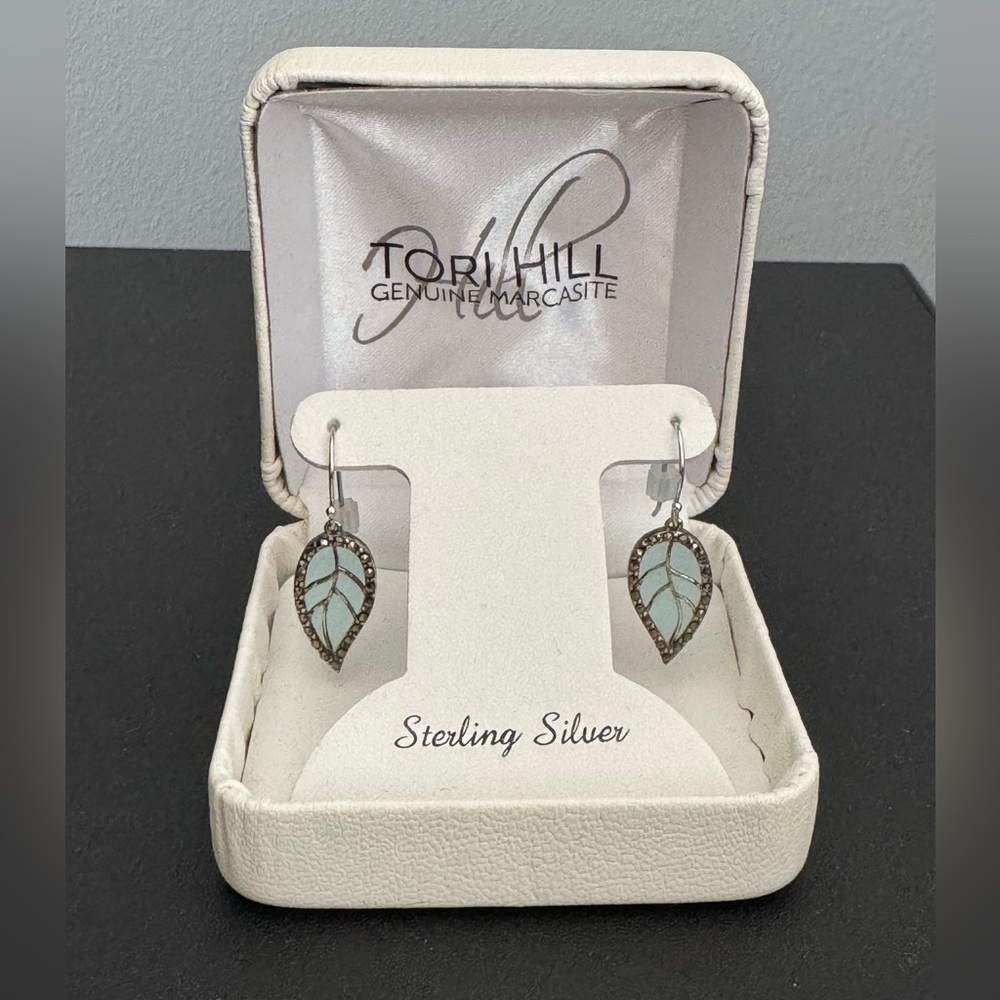 Tori Hill sterling silver marcasite & blue glass leaf drop earrings